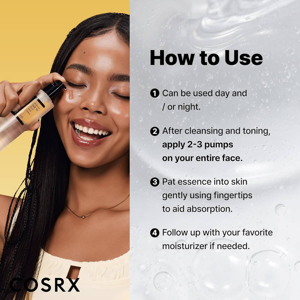 Cosrx skincare product with usage instructions on a yellow and gray background