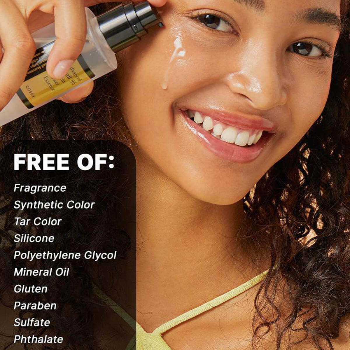 Woman applying a skincare product with a list of ingredients she is free of on the left.