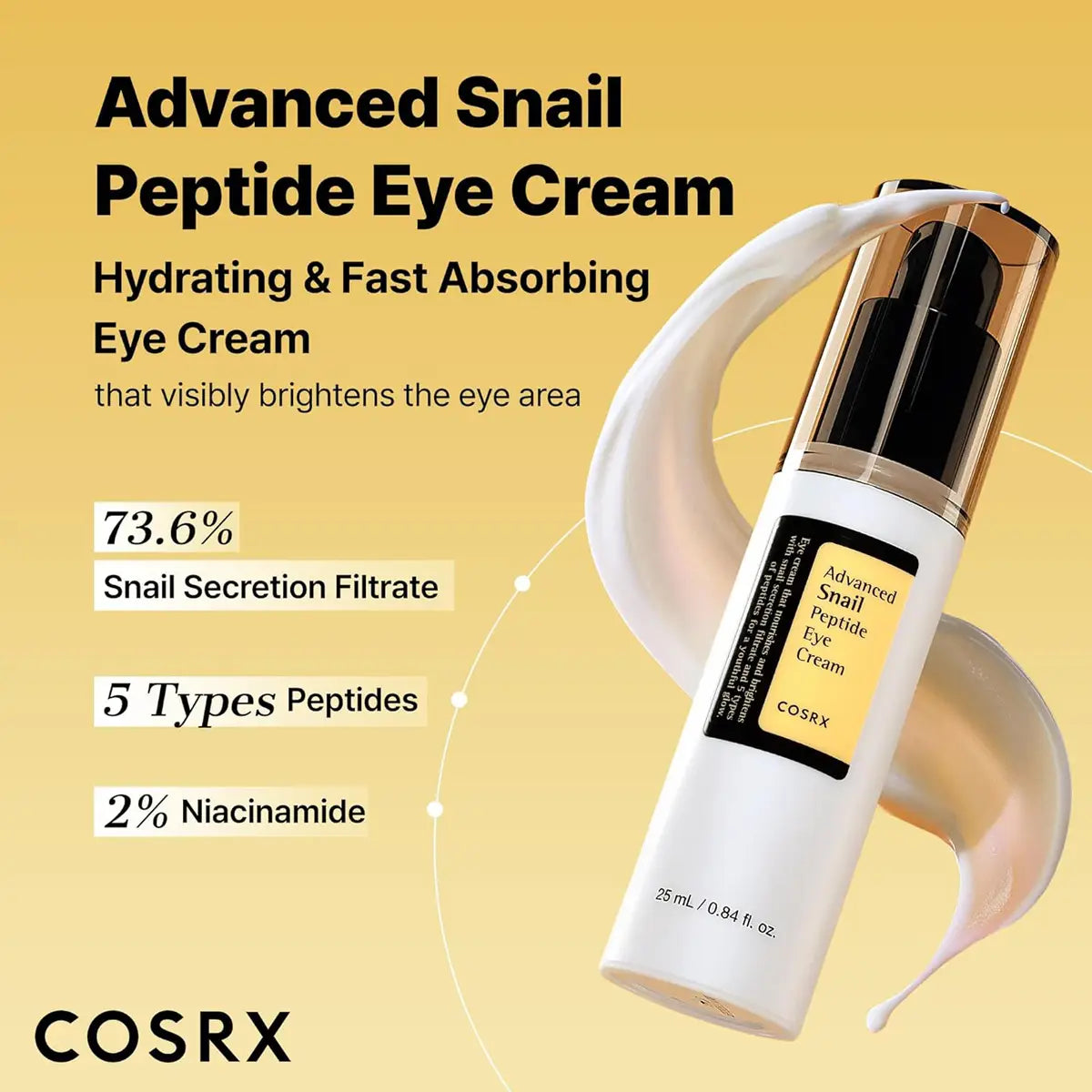 COSRX Advanced Snail Peptide Eye Cream on a yellow background with product details.