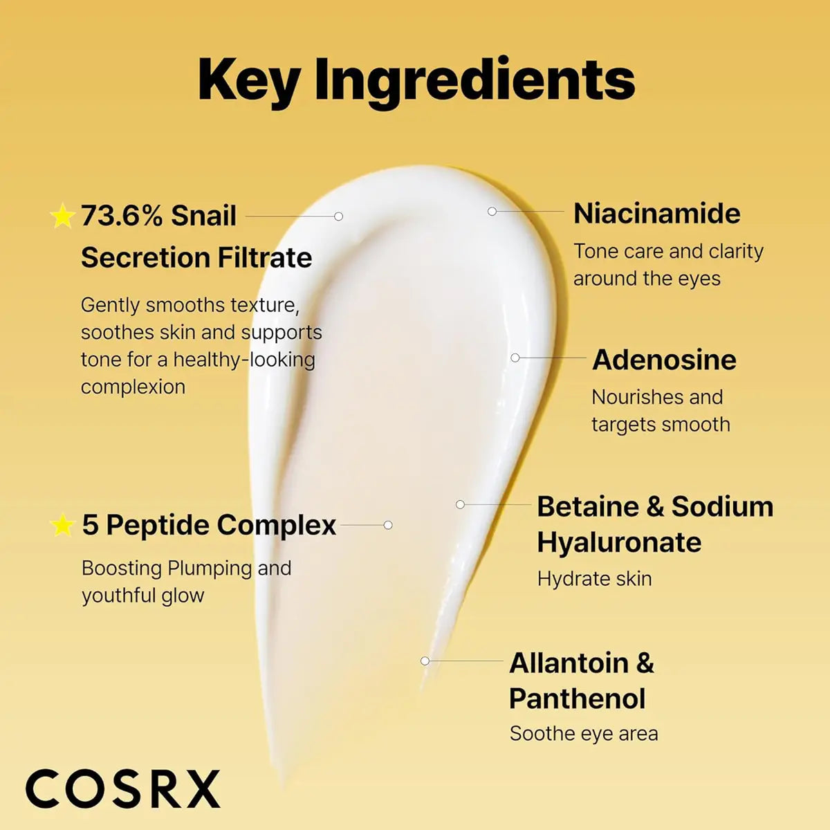 Cosrx skincare product with key ingredients listed on a yellow background