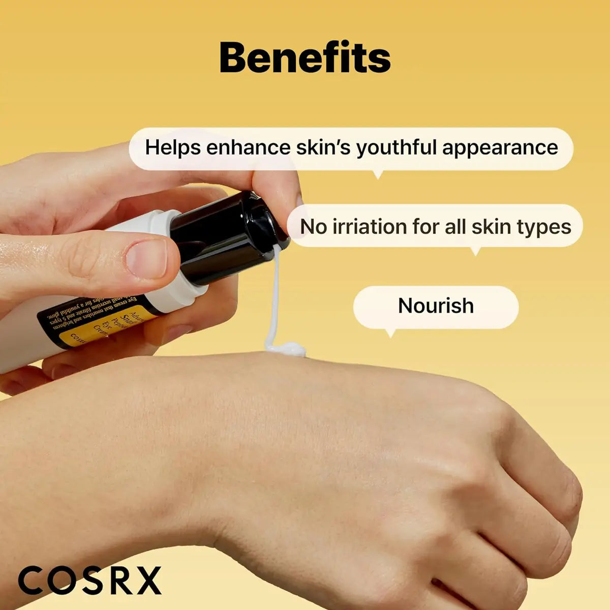 COSRX skincare product being applied to a hand with text highlighting benefits on a yellow background