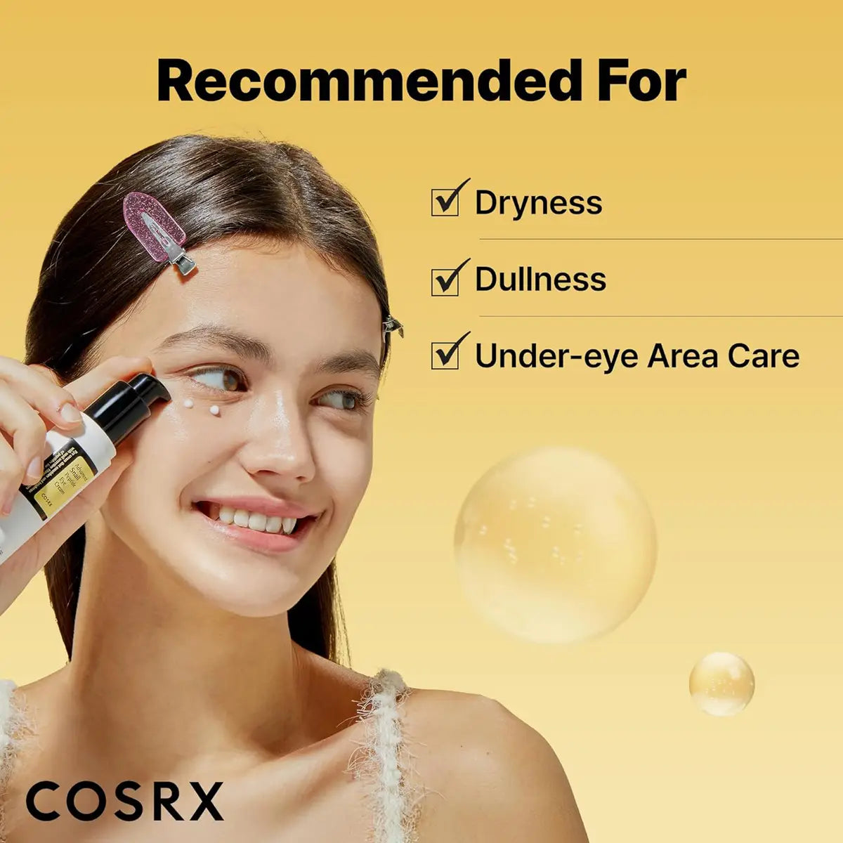 Woman applying skincare product with COSRX branding on a yellow background