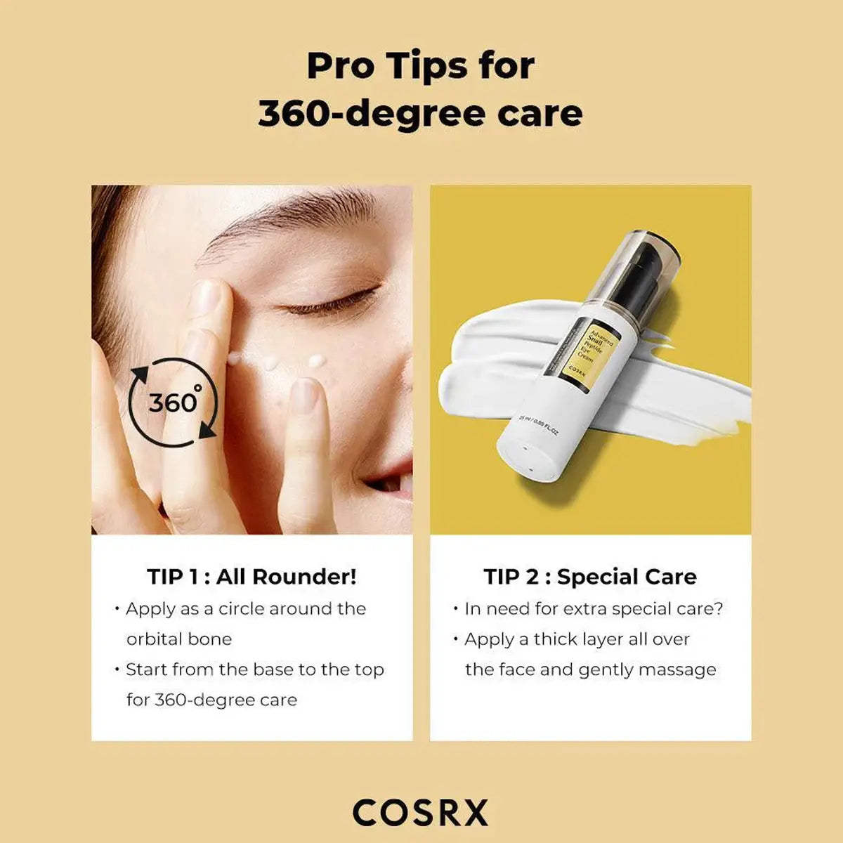 Cosrx Advanced Snail Peptide Eye Cream with application tips on a beige background