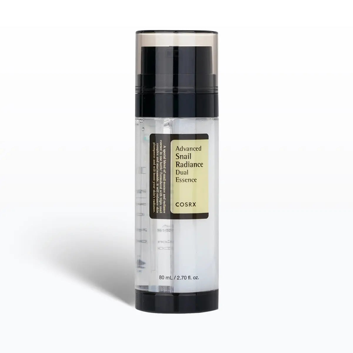 Cosrx Advanced Snail Radiance Dual Essence bottle on a white background
