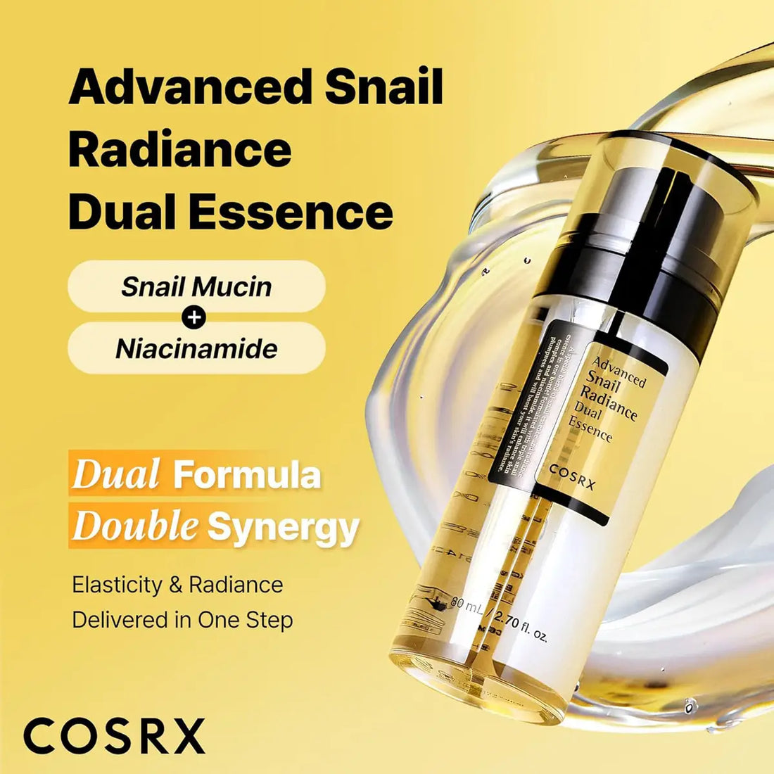 Cosrx Advanced Snail Radiance Dual Essence bottle on a yellow background