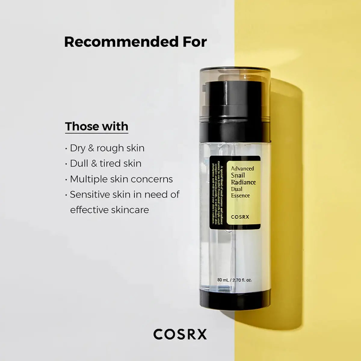 Cosrx skincare product with text on a gray and yellow background