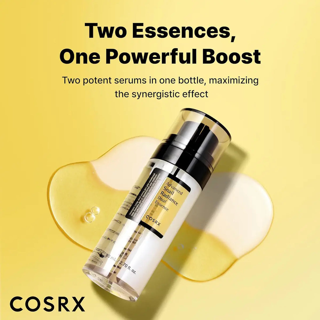 Cosrx serum bottle with text on a yellow background