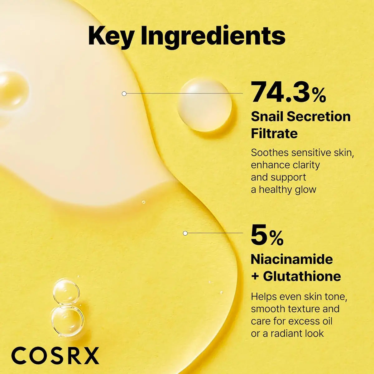 Cosrx skincare product with key ingredients on a yellow background