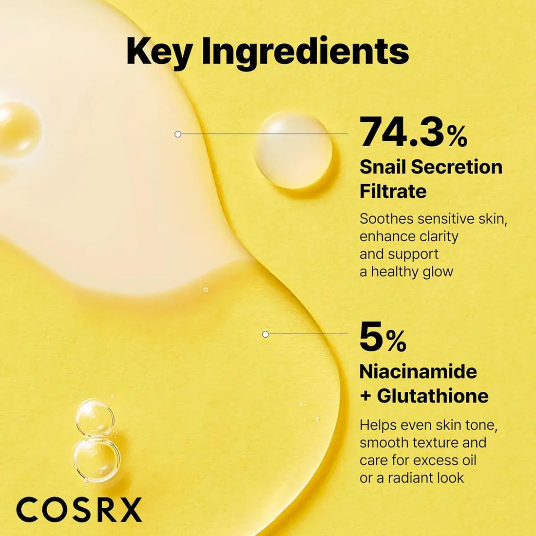 Cosrx skincare product with key ingredients on a yellow background