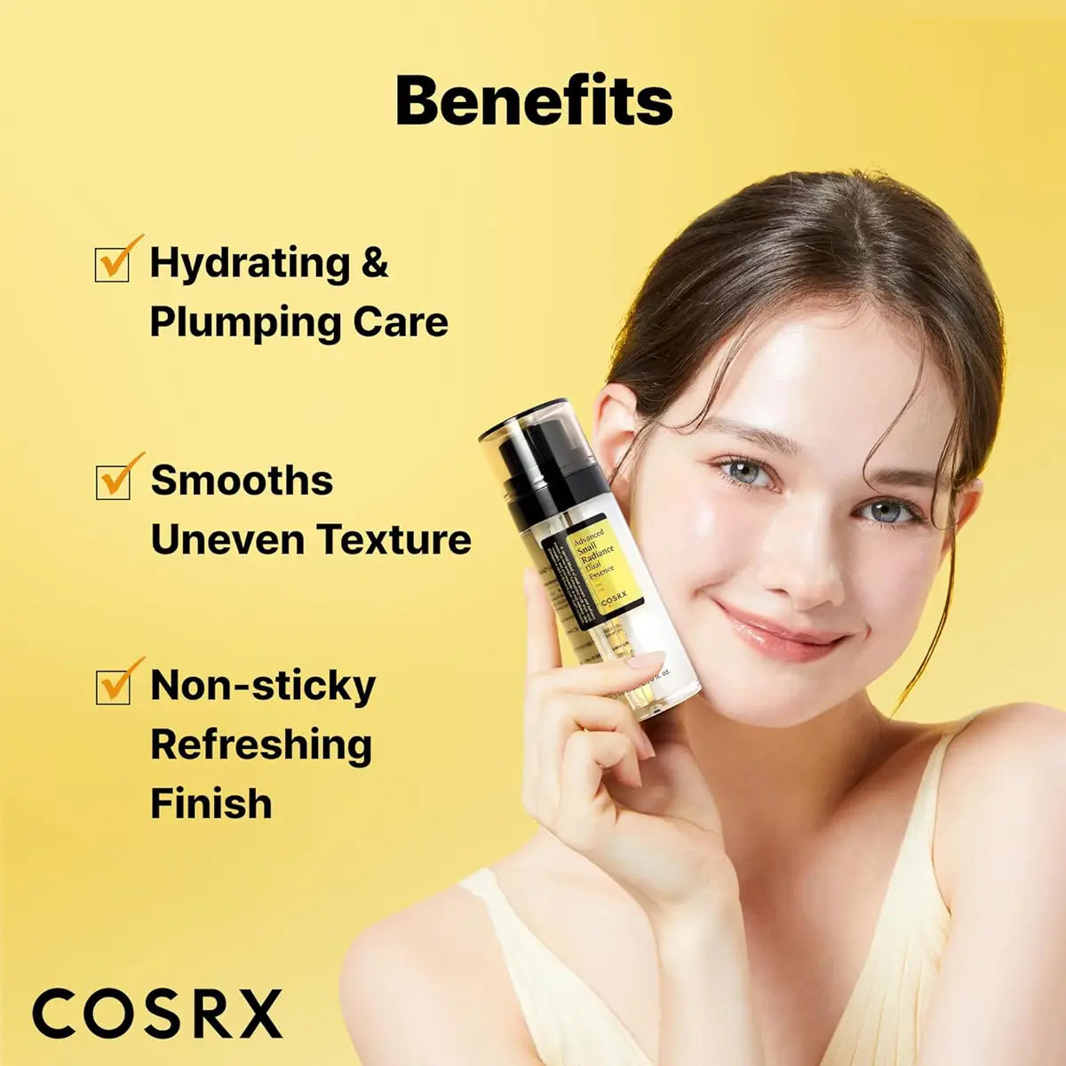 Woman holding a COSRX skincare product with benefits listed on a yellow background