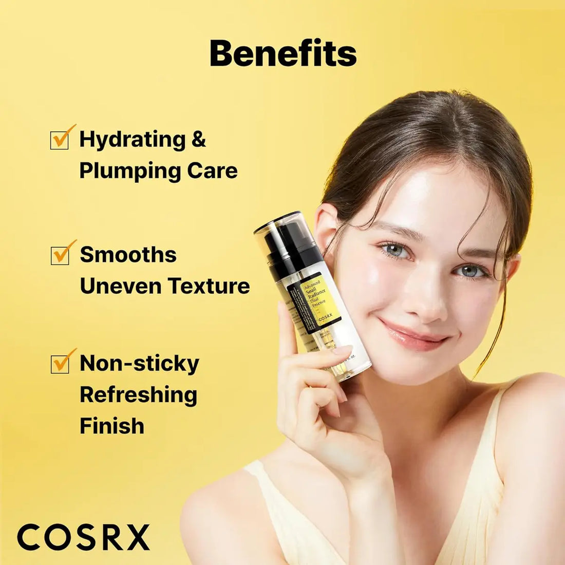 Woman holding a COSRX skincare product with benefits listed on a yellow background