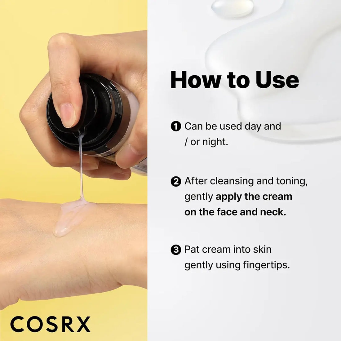 Cosrx cream application with usage instructions on a yellow and white background