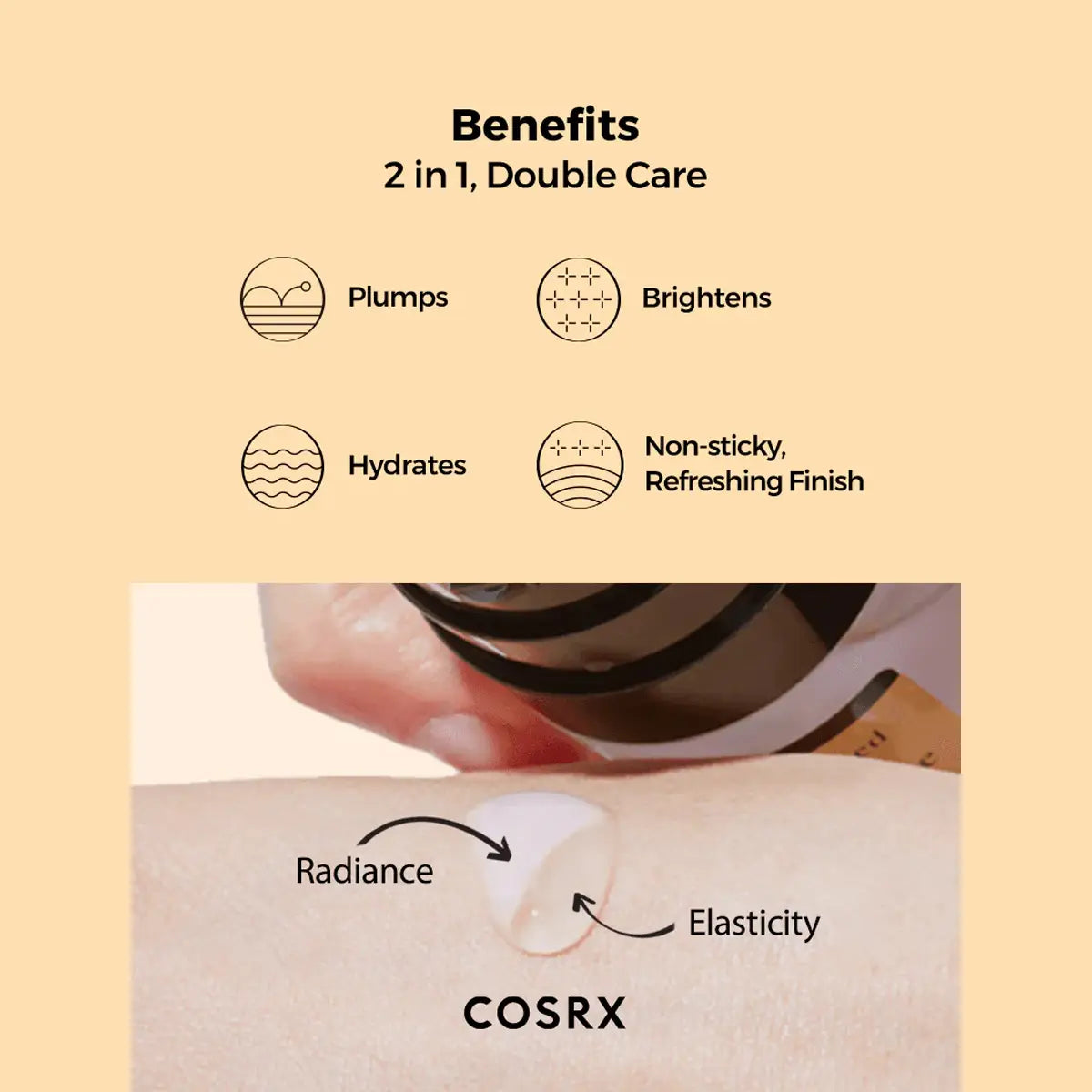 Cosrx skincare product with benefits listed on a beige background
