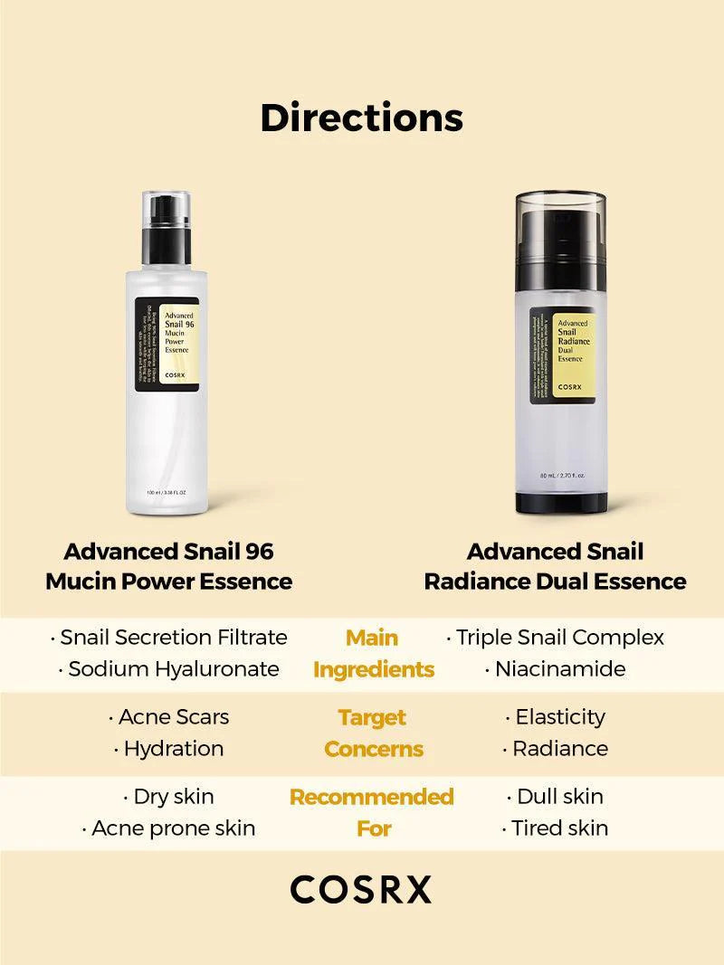 COSRX Advance Snail Radiance Dual Essence – 80ml lightweight brightening serum, Korean Skincare, Directions