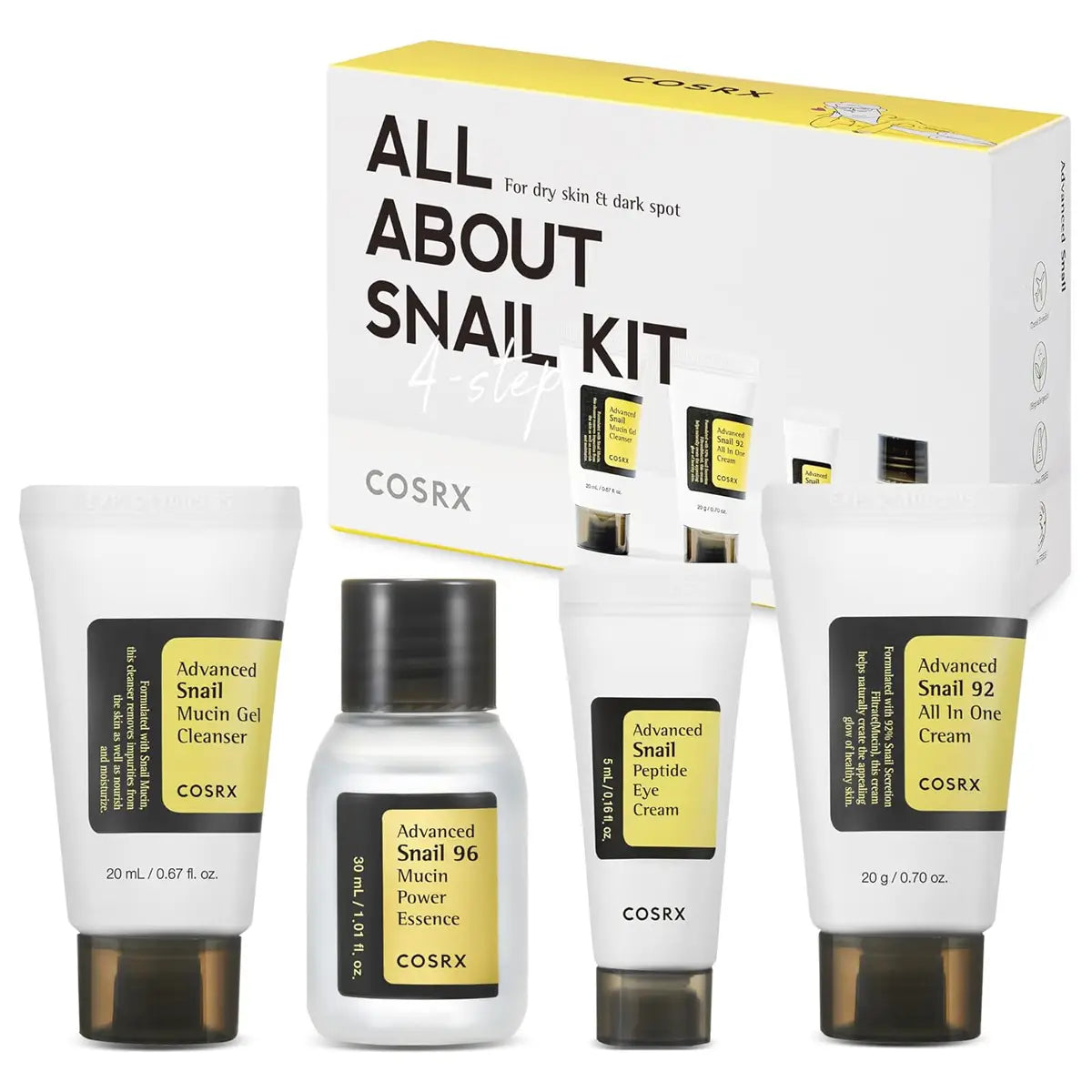 Cosrx All About Snail skincare kit with various products on a white background