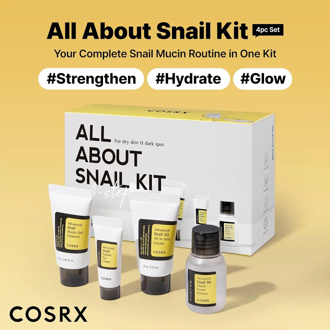 Cosrx All About Snail Kit with packaging and products on a yellow background