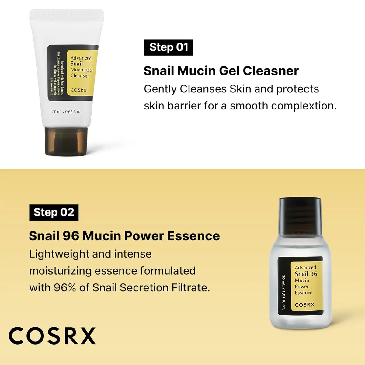 Cosrx skincare products with text describing steps and benefits on a white and yellow background