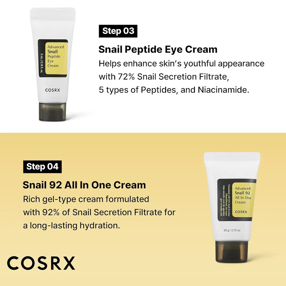 Cosrx snail peptide eye cream and all-in-one cream with product description on a white and yellow background.
