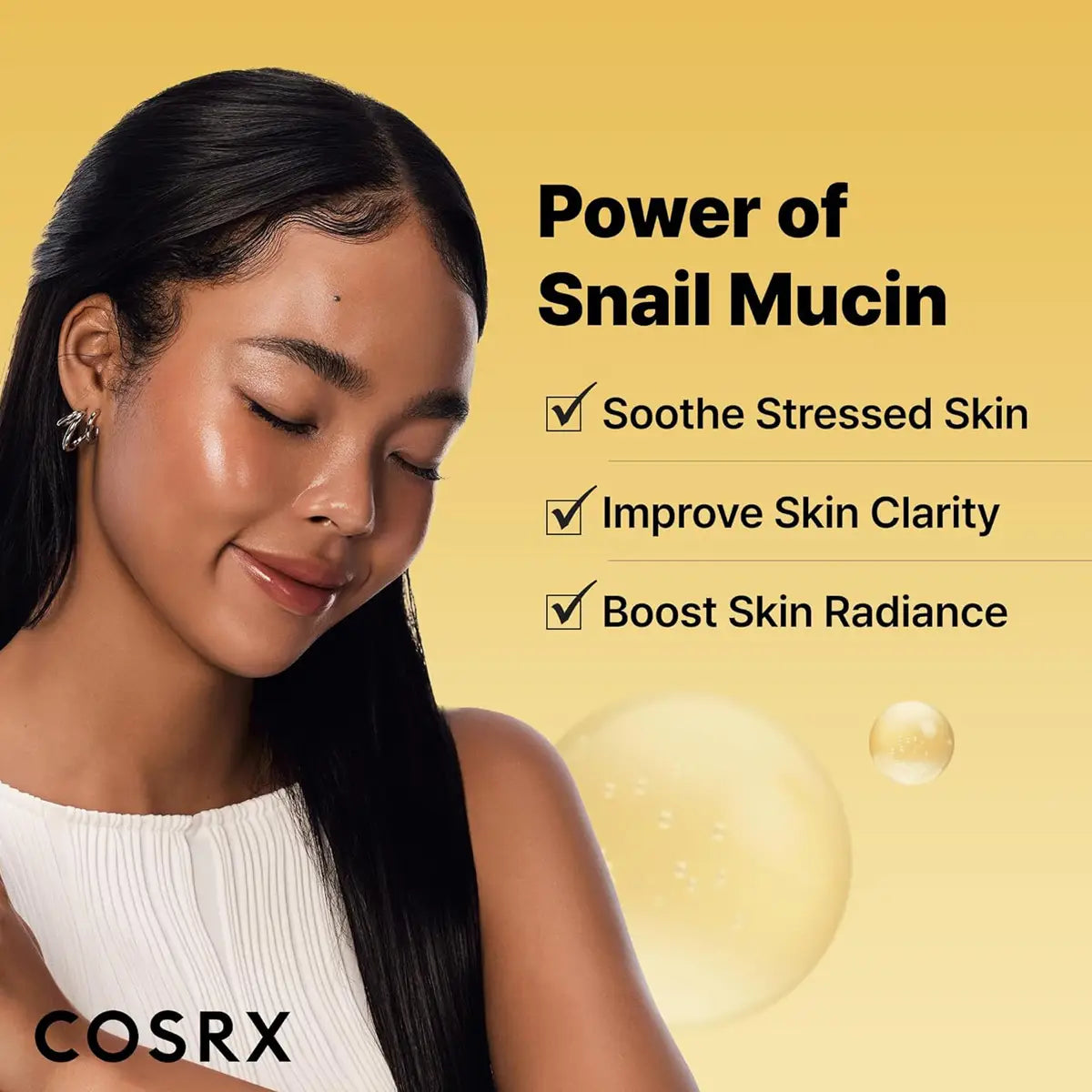 Woman with closed eyes on a yellow background with COSRX branding and text about snail mucin benefits.