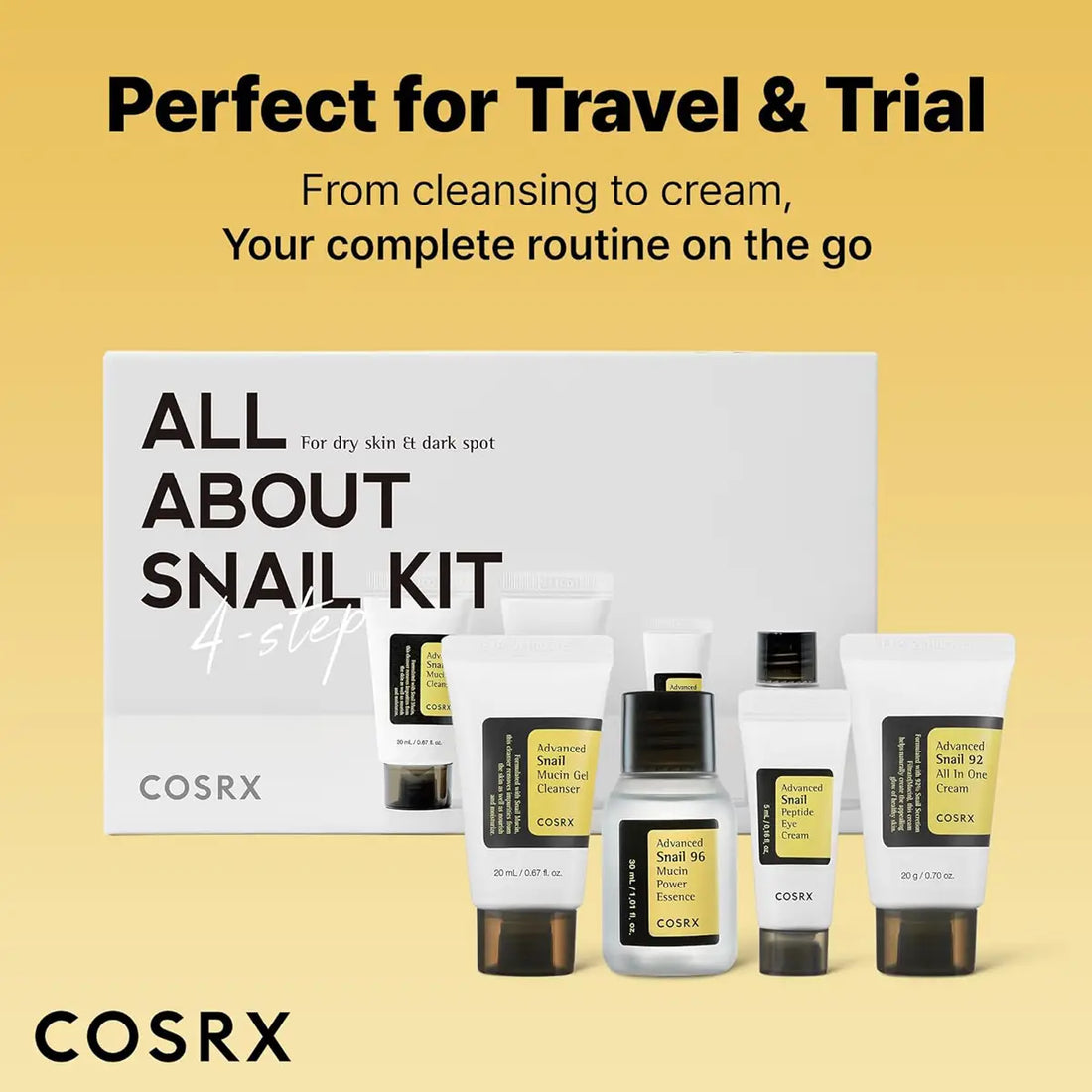 Cosrx snail kit with skincare products on a yellow background
