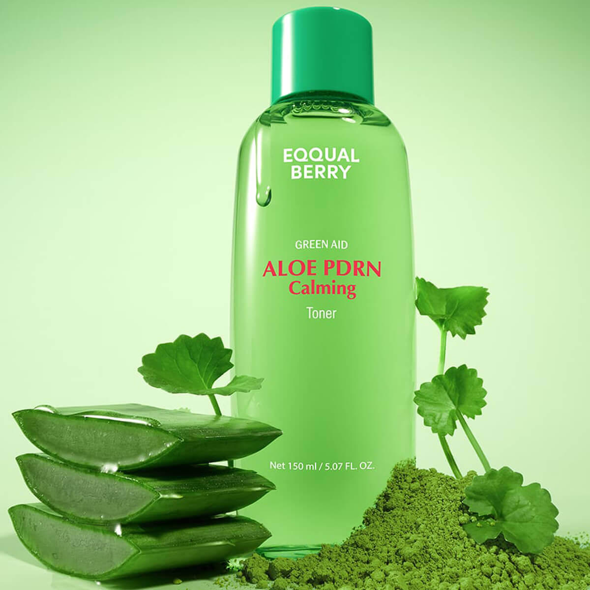Green bottle of EQQUALEBERRY Aloe PDRN Calming Toner with aloe vera leaves and green powder on a green background