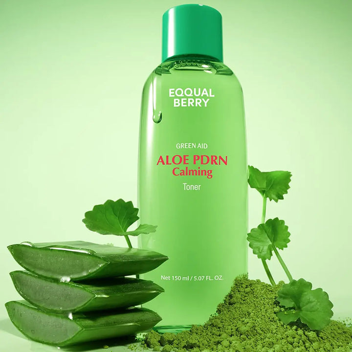 Green bottle of Eqqualberry Aloe PDRN Calming Toner with aloe vera leaves and green powder on a green background