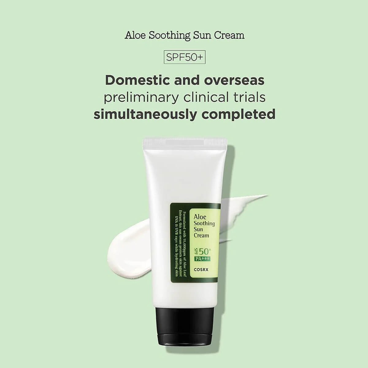 Aloe Soothing Sun Cream with SPF50+ on a light green background