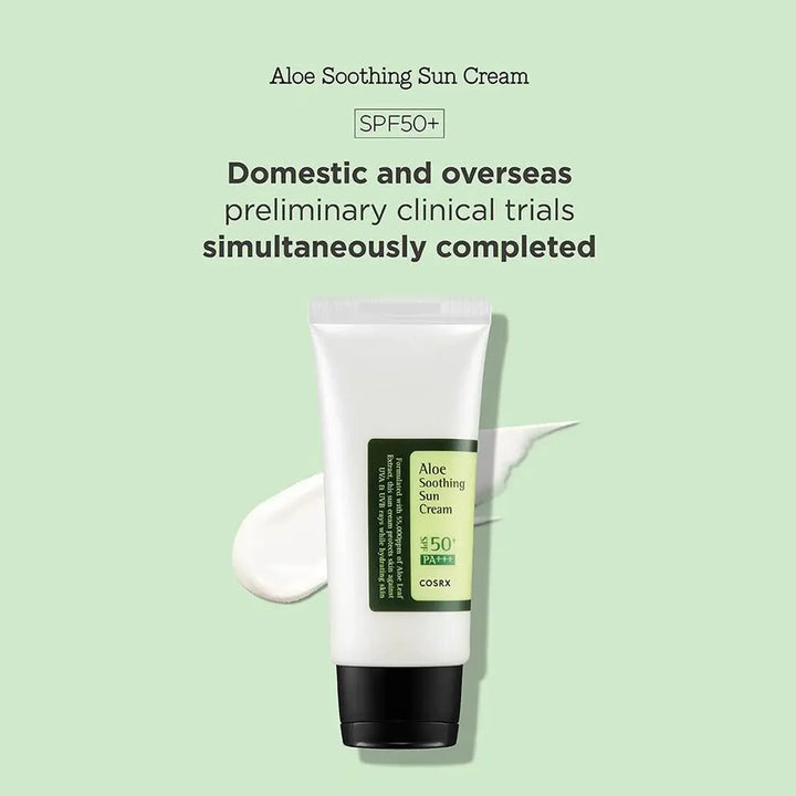 Cosrx Aloe Soothing Sun Cream with SPF50+ on a light green background