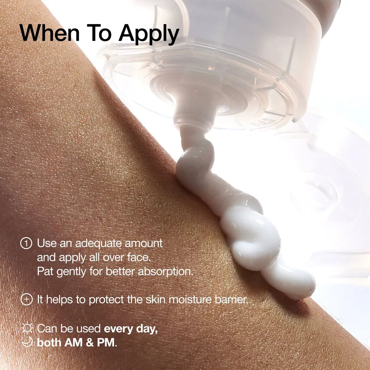 Anua 3+ Ceramide Panthenol Moisture Barrier Cream being applied to skin with text on when to apply it.