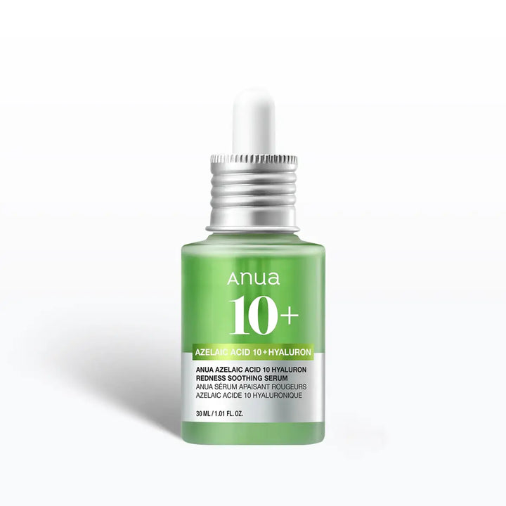 Azelaic Acid 10 Hyaluron Redness Soothing Serum bottle with dropper labeled 'Anua 10+' on a white background sold at miraebeautyhub.com