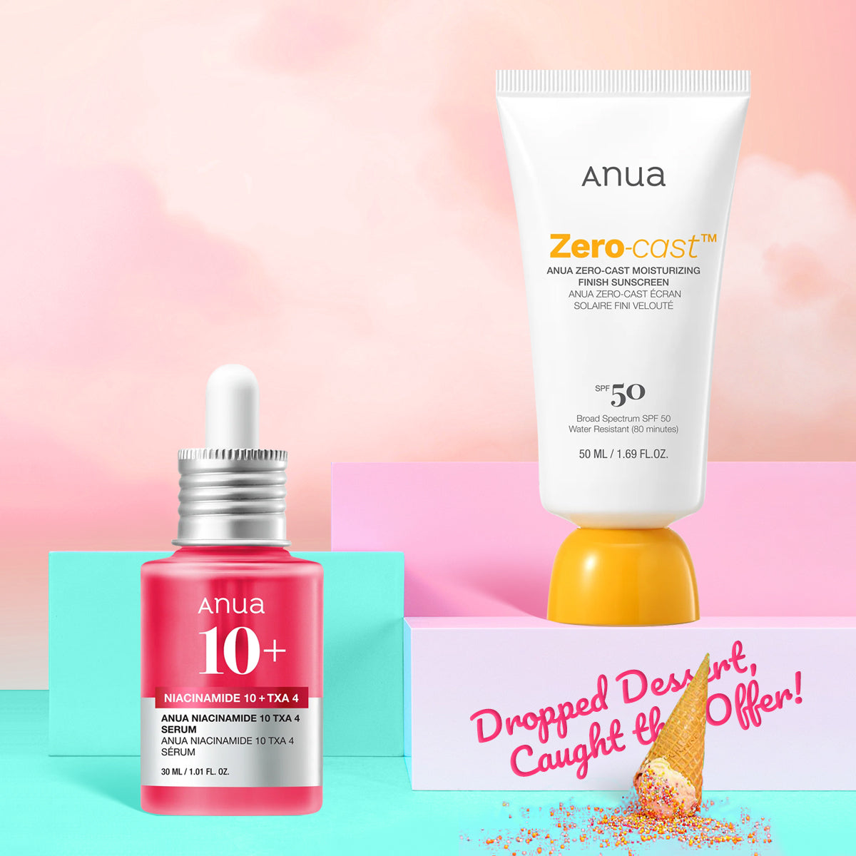 Anua skincare products including a serum and cream on a colorful background
