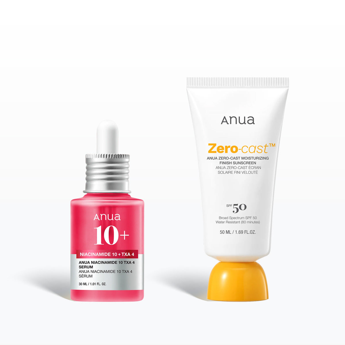 Anua skincare products including a serum and sunscreen on a white background