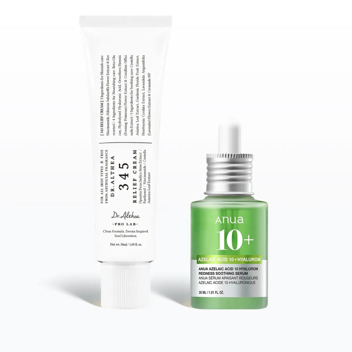 Skincare serum bottle with dropper labeled 'Anua 10+' and a tube of 'Dr. Aethra 345 Relief Cream' on a white background.