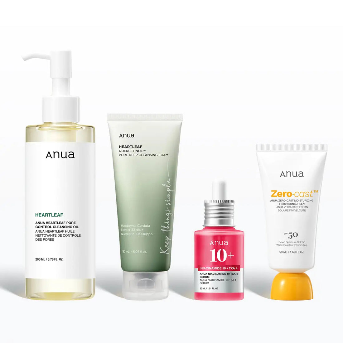 Set of Anua skincare products including a pump bottle, tube, and bottles on a white background