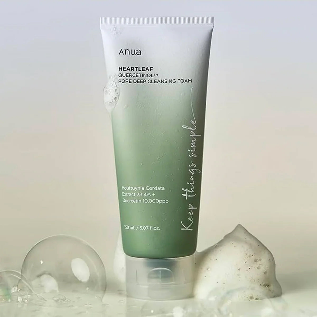 Anua Heartleaf Quercetinol Deep Cleansing Foam | Korean face wash for sensitive skin with heartleaf extract | Shop online in Dubai at Mirae Beauty Hub UAE. Still Life