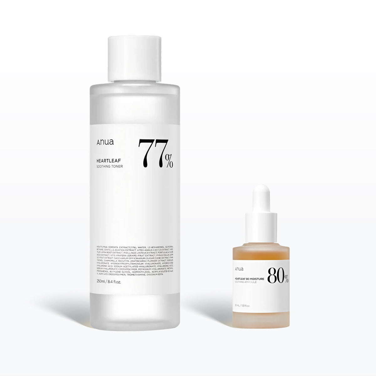 Anua heartleaf soothing toner & ampoule on white background.