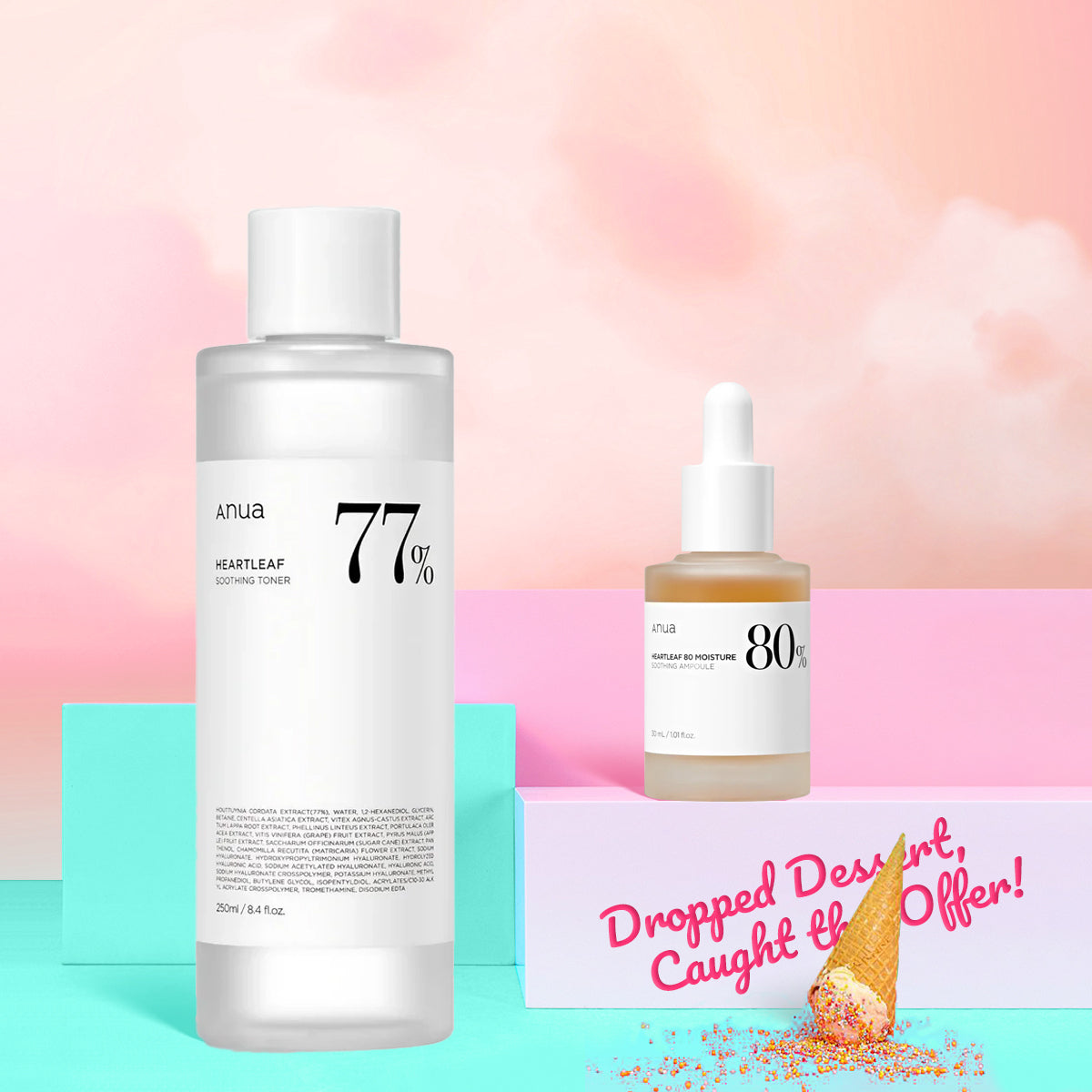 Two skincare products on a colorful background with promotional text.