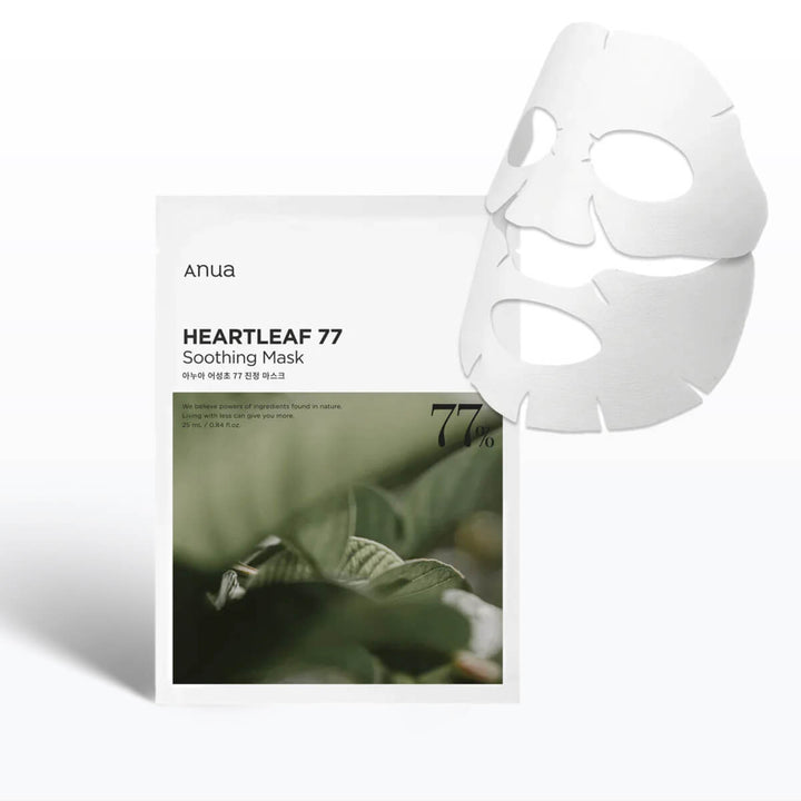 Heartleaf 77 soothing mask with packaging featuring green leaf imagery on a white background