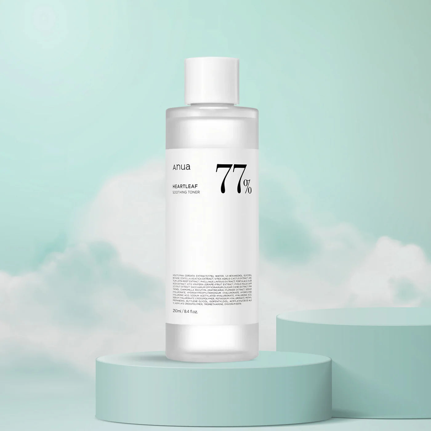 Skincare bottle with brand name on a light green background