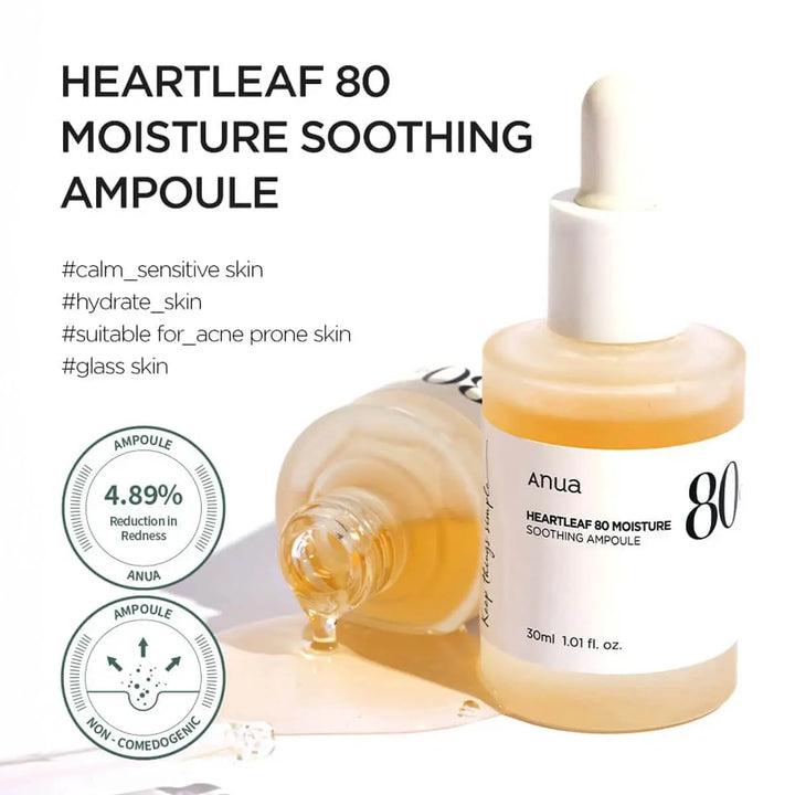 Anua Heartleaf 80 Moisture Soothing Ampoule bottle with dropper on a white background