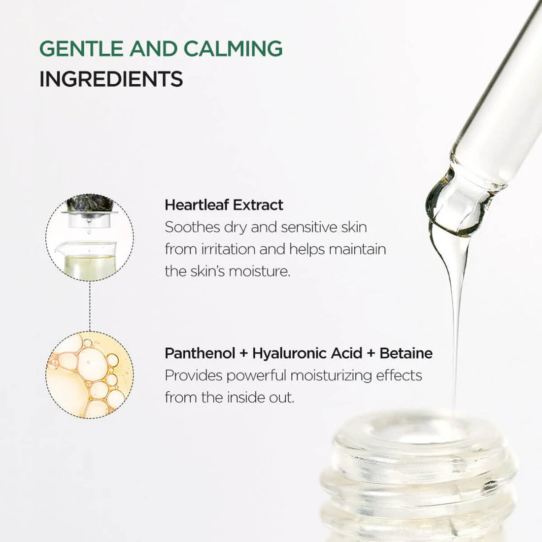 Product packaging with dropper and text about gentle and calming ingredients on a white background