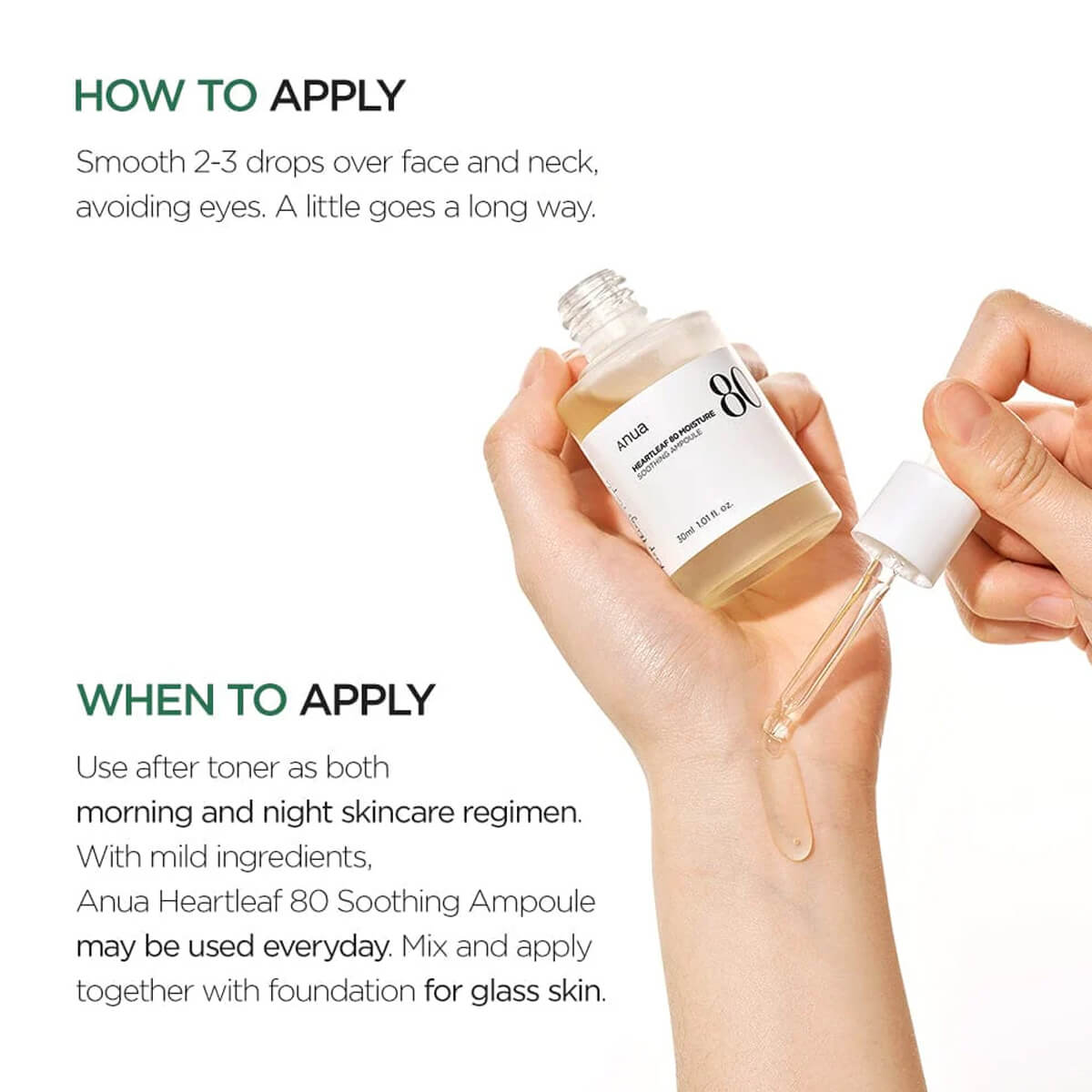 Hand holding a skincare ampoule bottle with dropper, showing how to apply and use it.