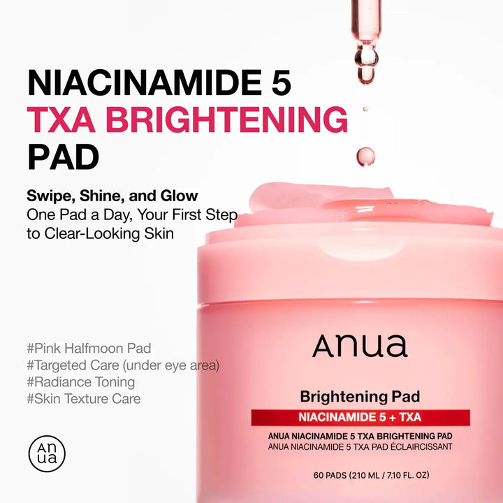 Anua Niacinamide 5 TXA Brightening Pad with pink jar and droplets on a white background