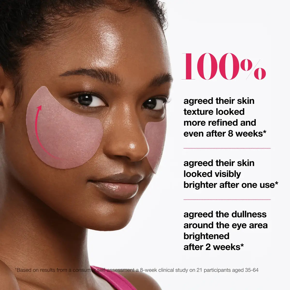 Woman with under-eye patches on a white background with text about product benefits.