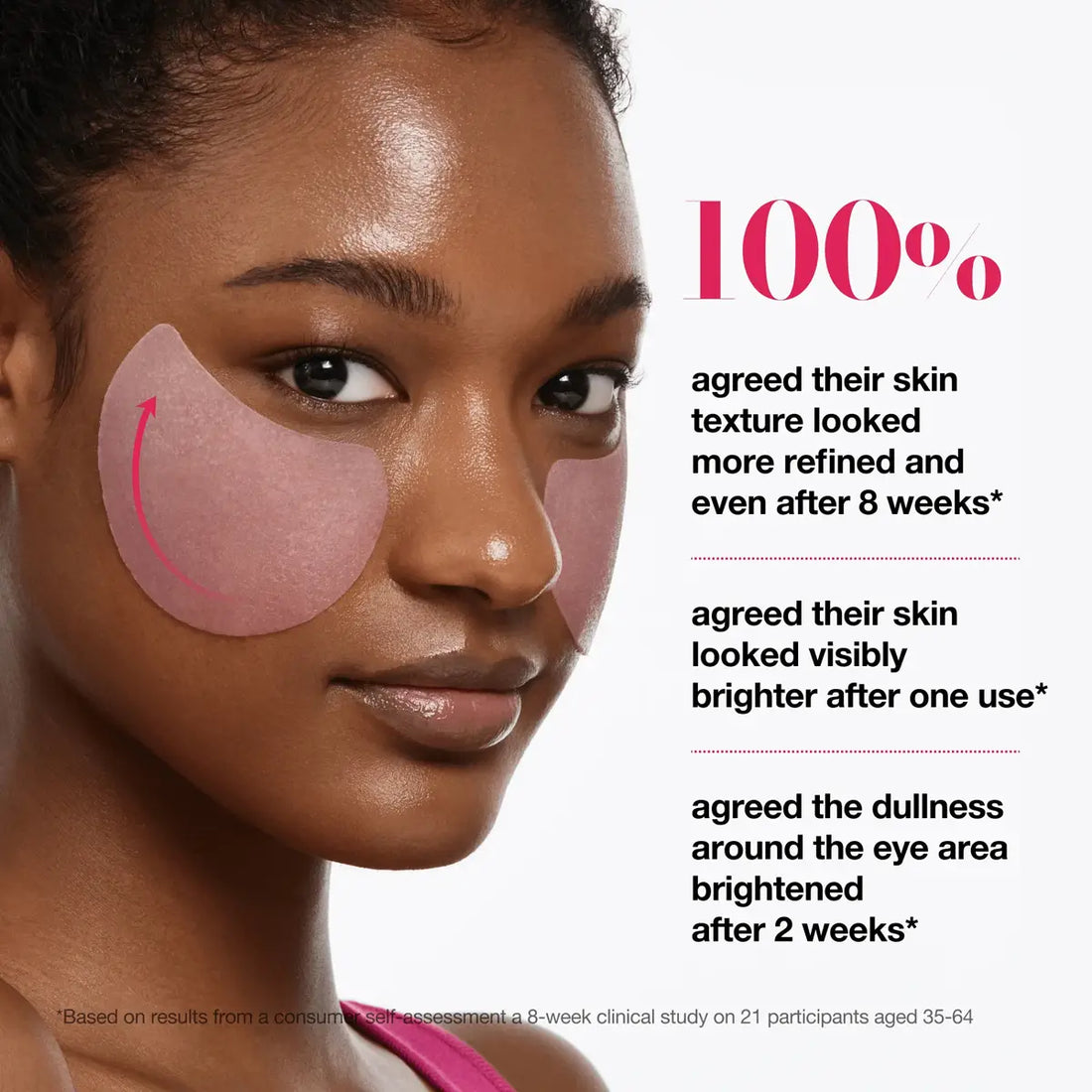Woman with under-eye patches on a white background with text about product benefits.
