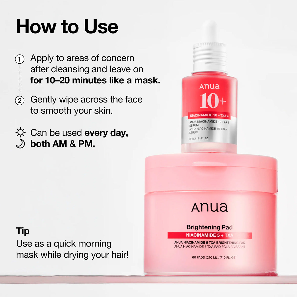 Anua skincare product with usage instructions on a white background