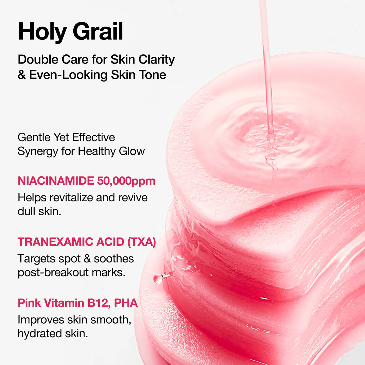 Pink skincare product with text highlighting its benefits on a white background