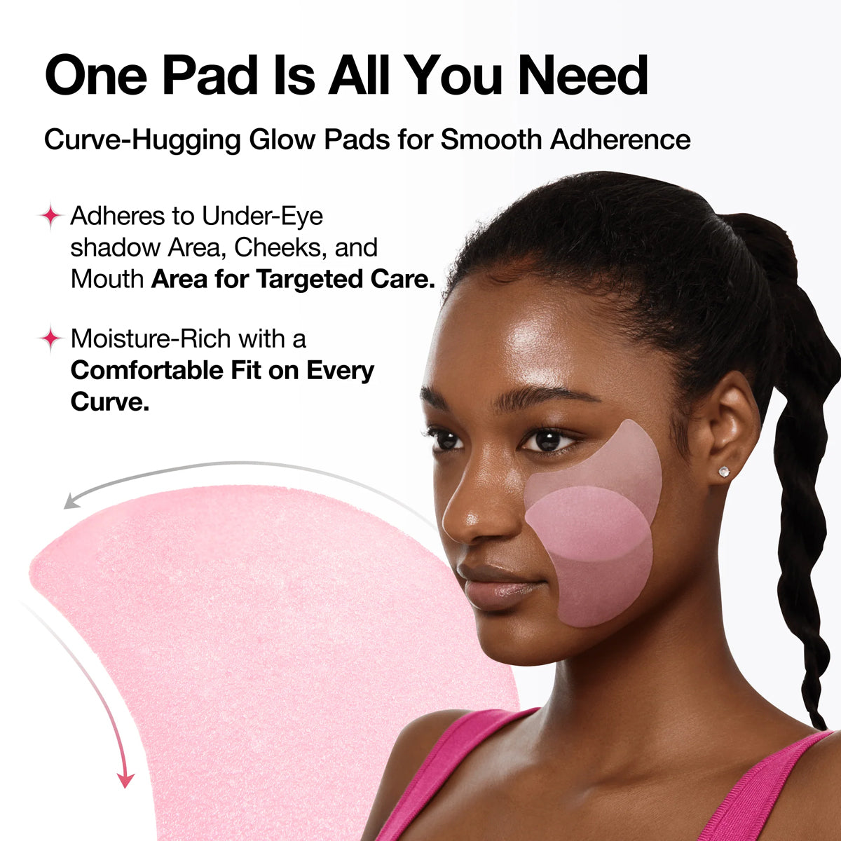 Woman wearing pink glow pads with text about product features on a white background