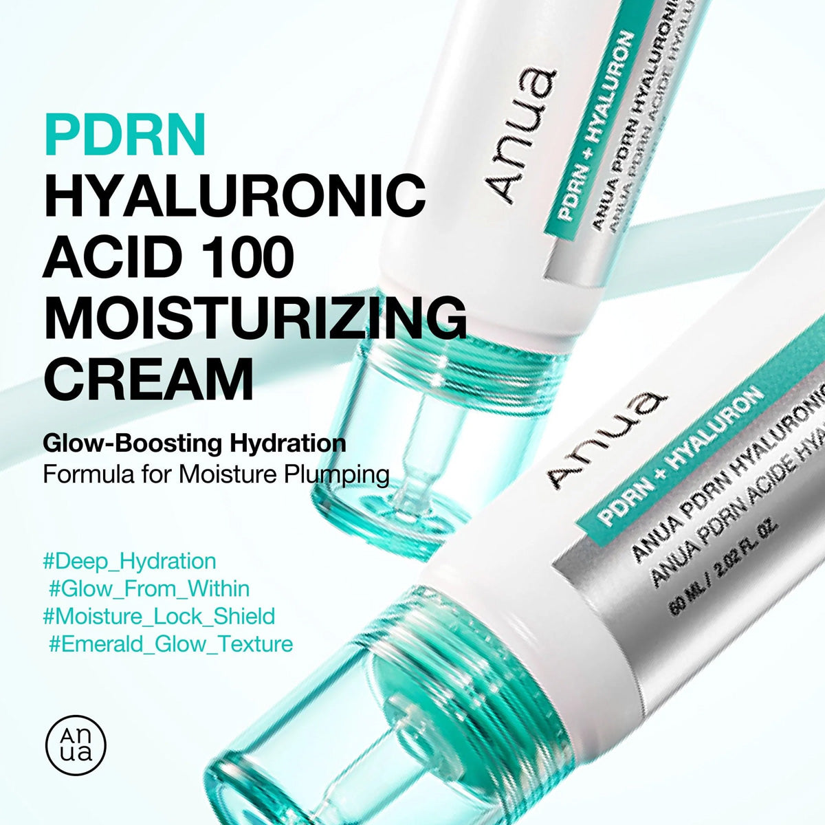 Anua PDRN Hyaluronic Acid 100 Moisturizing Cream with text highlighting features on a white background