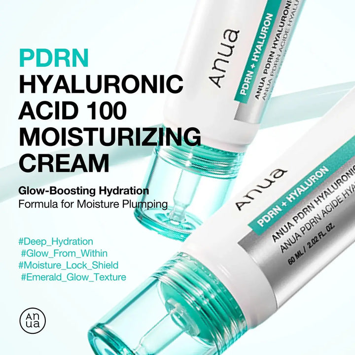 Two bottles of ANUA PDRN Hyaluronic Acid 100 Moisturizing Cream on a white background
